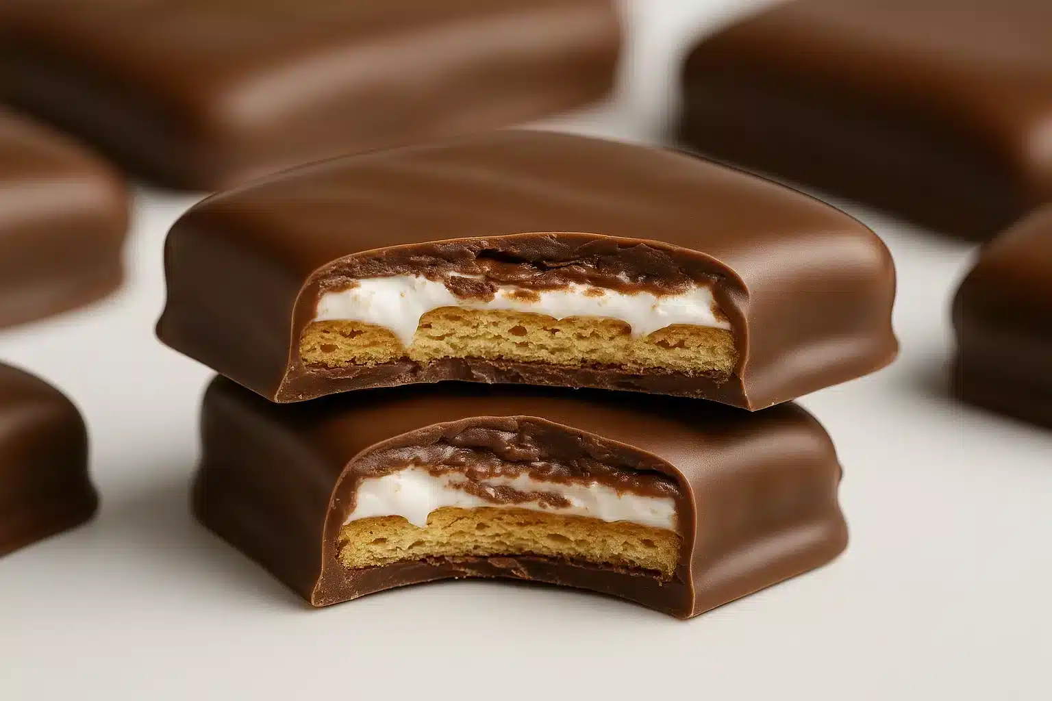Chocolate-covered s’mores Girl Scout Cookies with marshmallow and graham layers