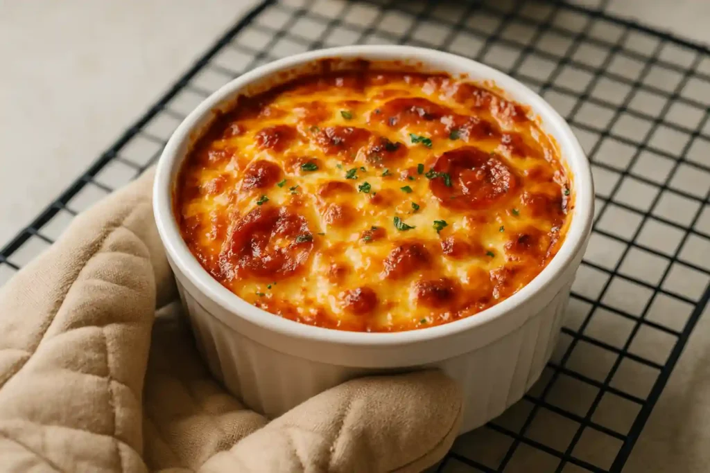 Hot cottage cheese pizza bowl from oven