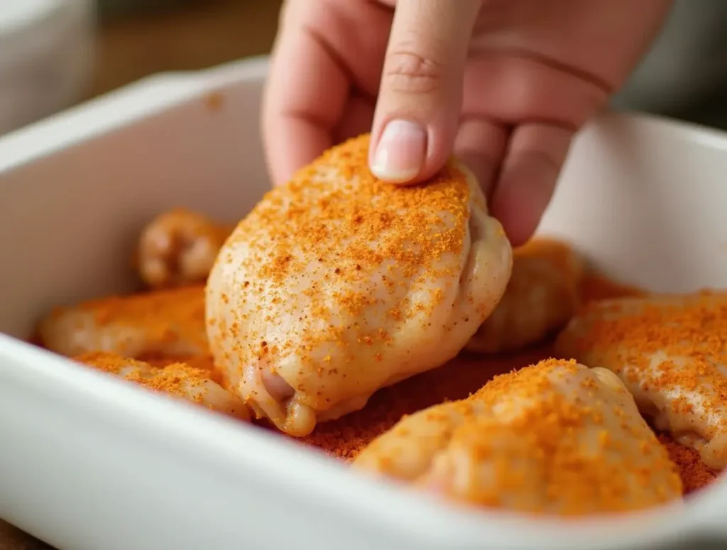 placing seasoned chicken thighs in baking dish