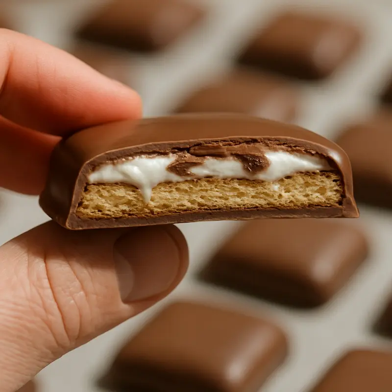  Hand holding a chocolate-covered s’mores cookie with visible marshmallow and graham cracker layers