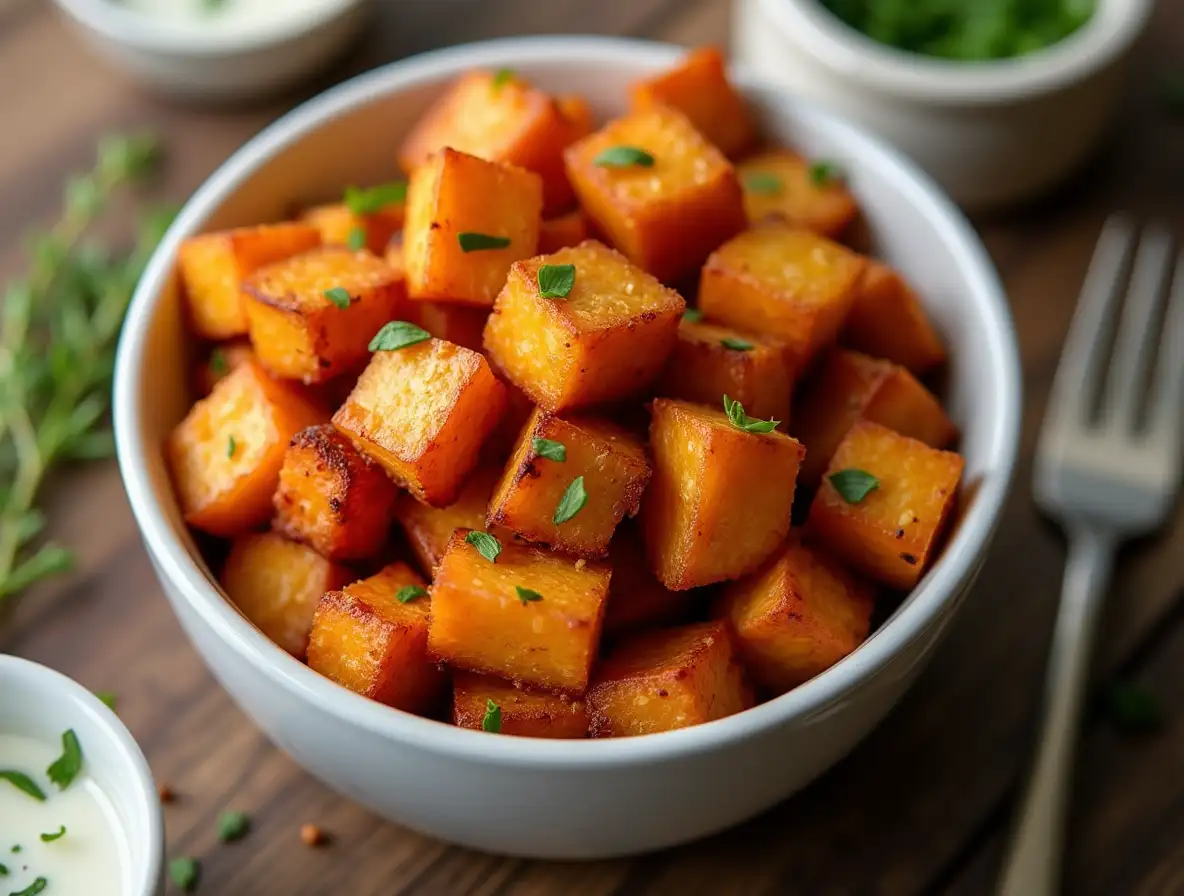 Air fryer sweet potato cubes in white bowl