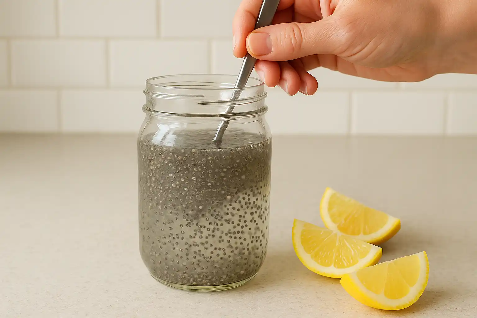 Stirring chia seeds into water