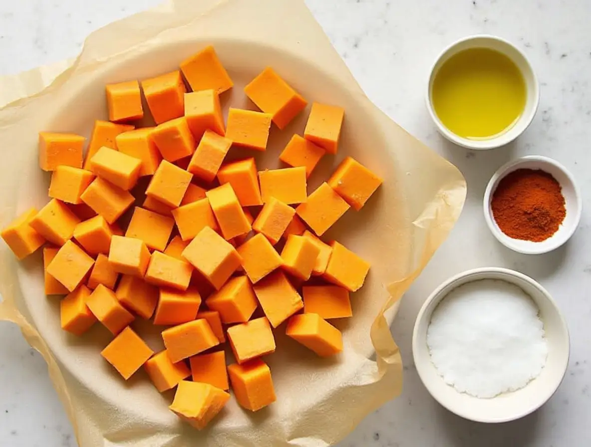 Sweet potato cube ingredients on kitchen counter