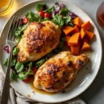 recipe card for baked boneless chicken thighs