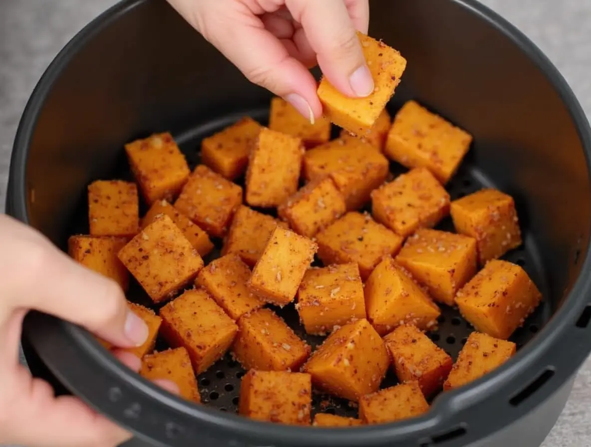 Sweet potato cubes going into air fryer