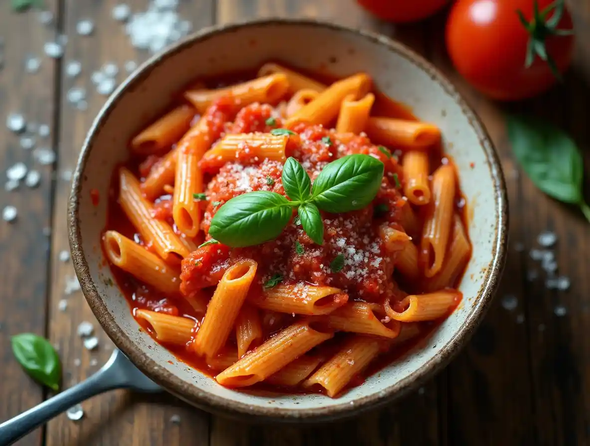 Penne pomodoro pasta in red tomato sauce with basil