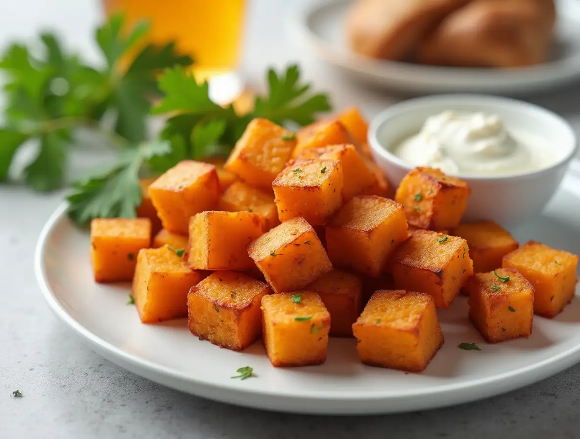  Served air fryer sweet potato cubes with dip