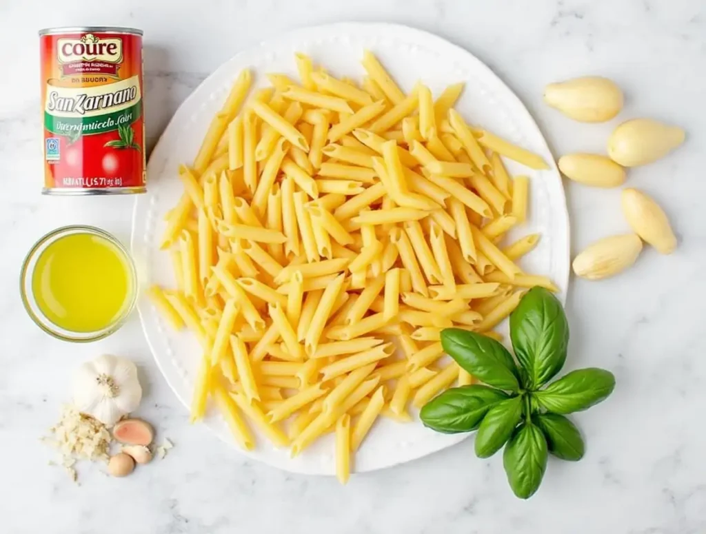Ingredients for penne pomodoro pasta sauce