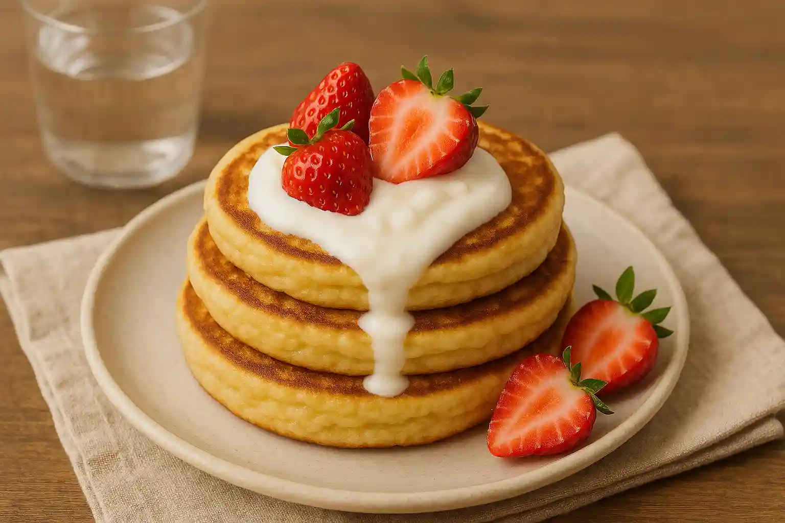  Served fluffy banana cottage cheese pancakes with toppings
