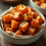 Close-up of golden crispy air fryer sweet potato cubes served in a ceramic bowl on a wooden table, garnished with fresh herbs