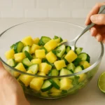 A bowl of pineapple cucumber salad being mixed with a spoon, with fresh lime on the side