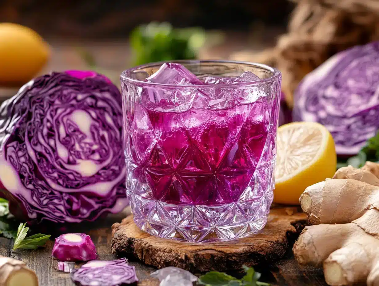 Purple cabbage juice ingredients laid out on counter