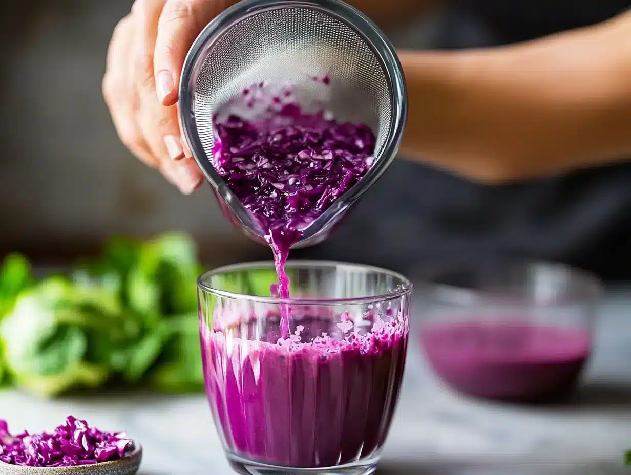 Pouring purple cabbage juice through strainer