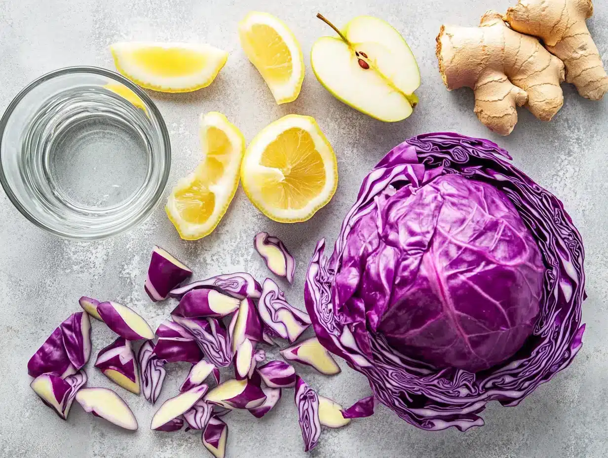  Purple cabbage juice ingredients laid out on counter