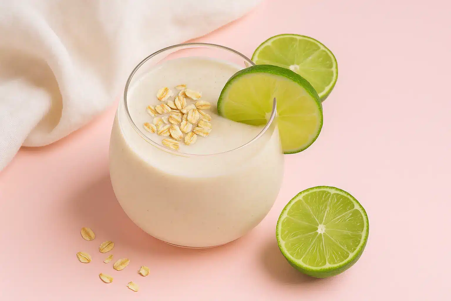 Natural Ozempic drink with lime and oats on a pink background