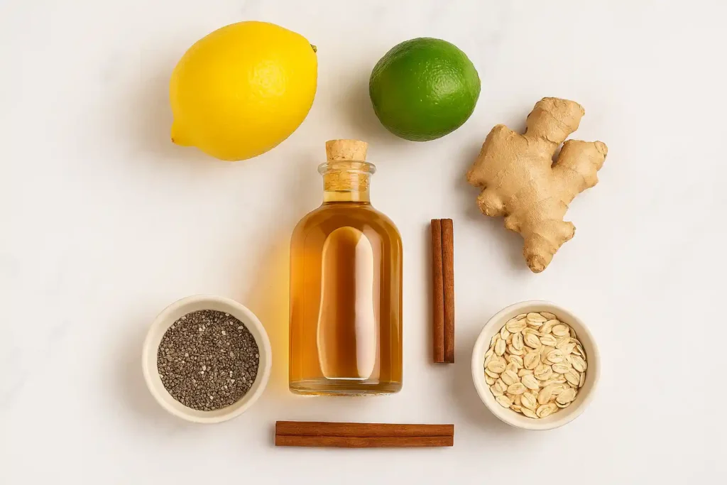 Ingredients for natural Ozempic drink recipe laid out flat