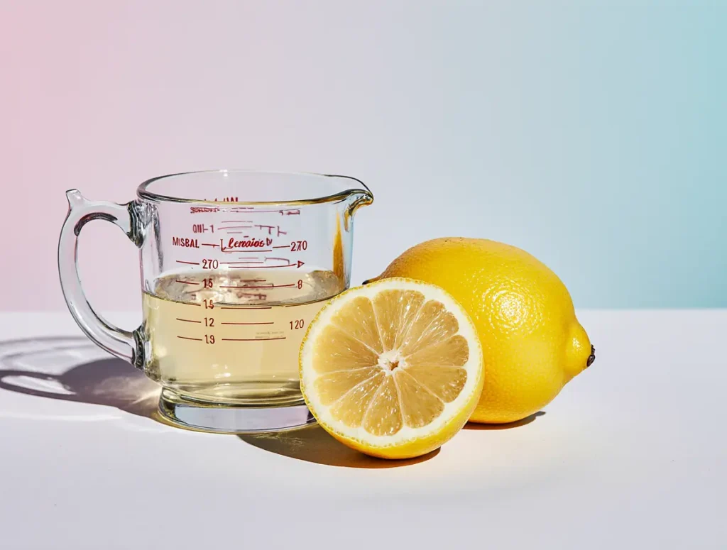  Fresh lemon half next to measured juice