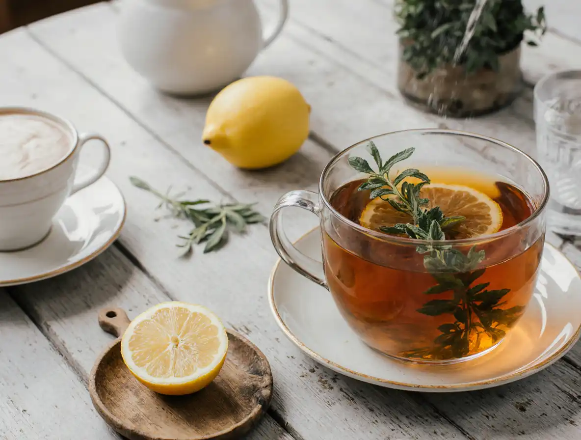 A warm cup of stress relief lemon balm tea on a cozy kitchen table