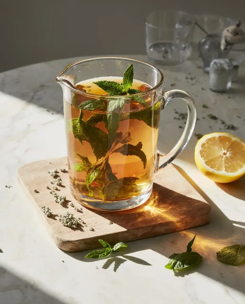 A warm cup of stress relief lemon balm tea on a cozy kitchen table