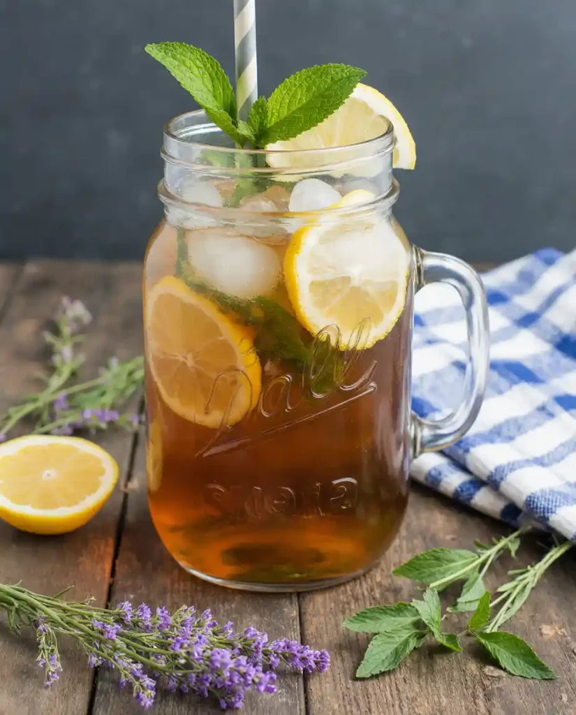 calming herbal iced tea in mason jar with lemon and mint