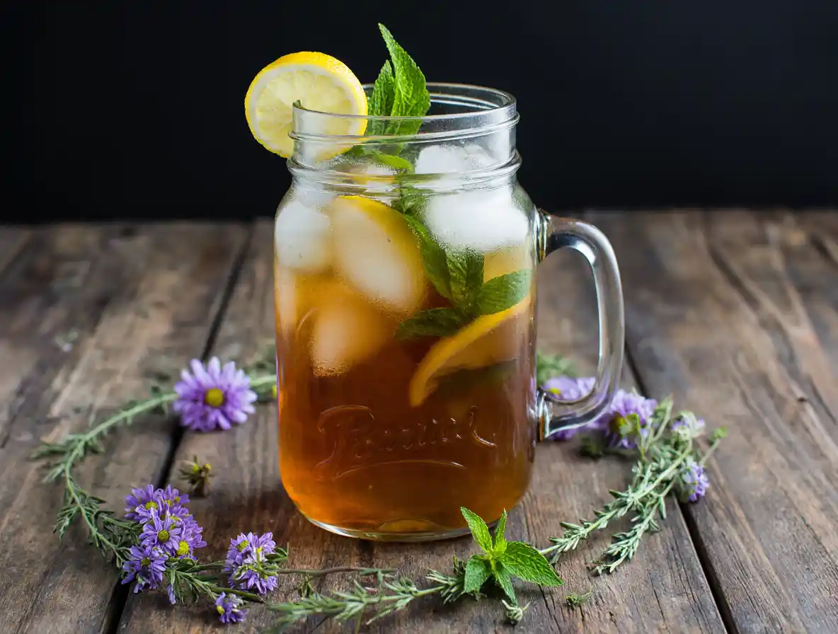 calming herbal iced tea in mason jar with lemon and mint