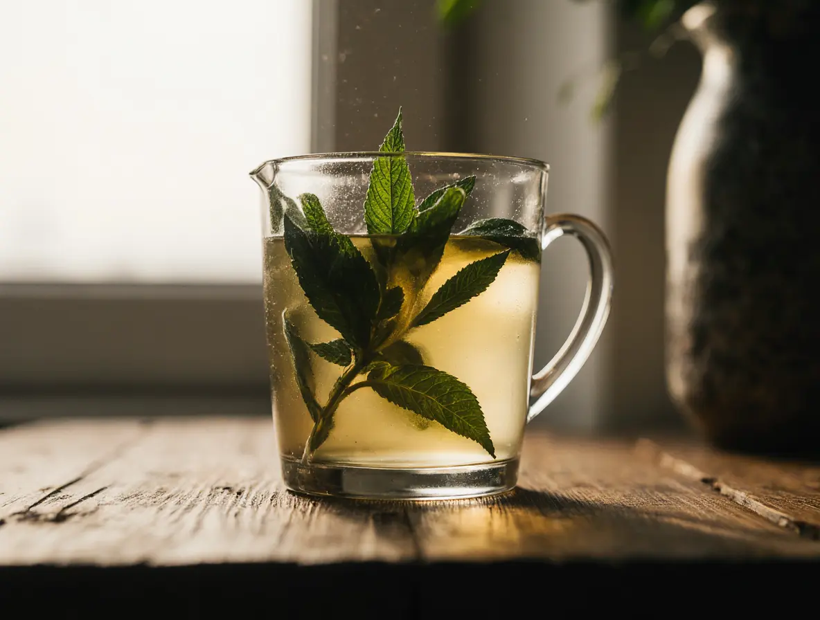 Warm cup of natural sleep tea lemon balm by the window