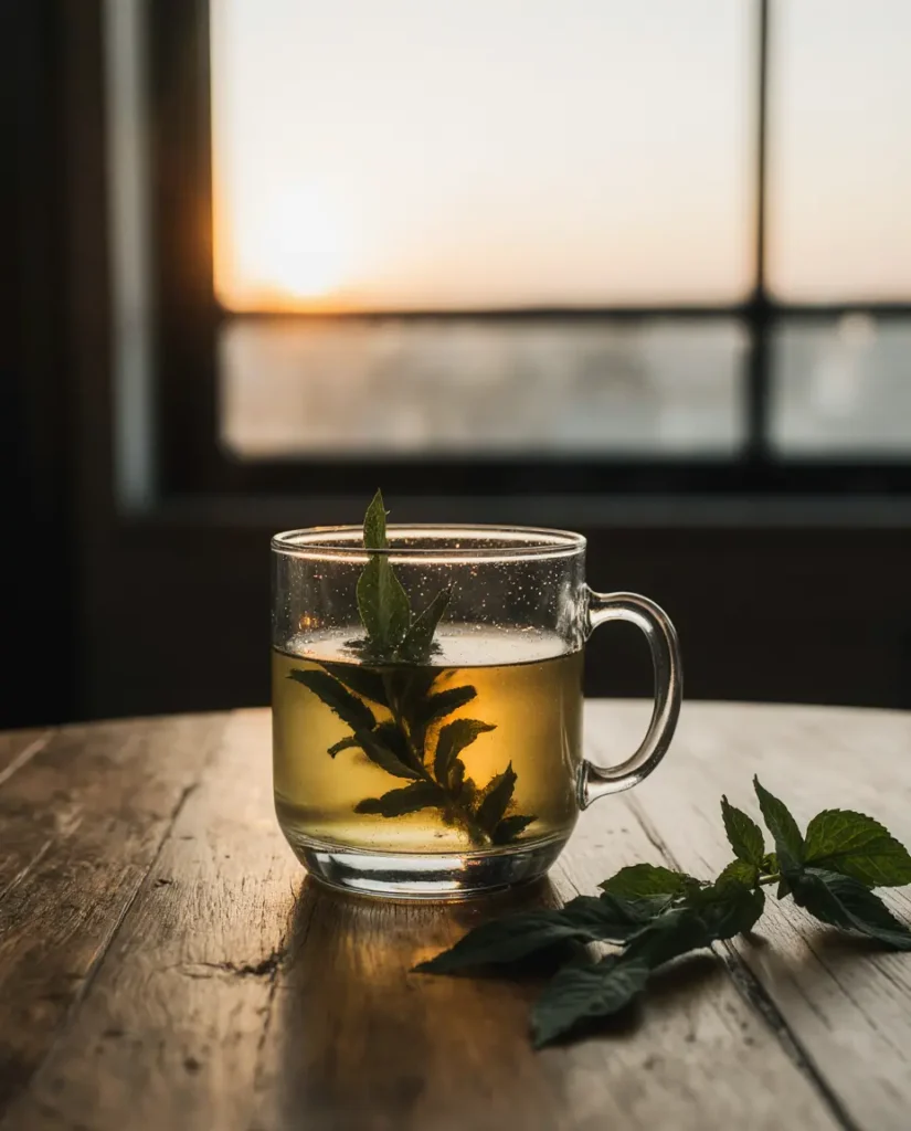 Warm cup of natural sleep tea lemon balm by the window