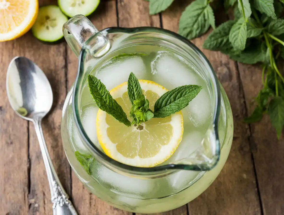 lemon balm detox drink in pitcher with lemon and cucumber
