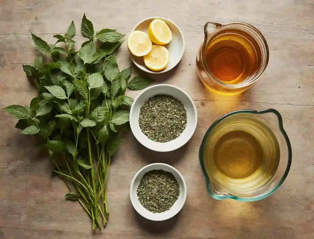 Ingredients for making stress relief lemon balm tea