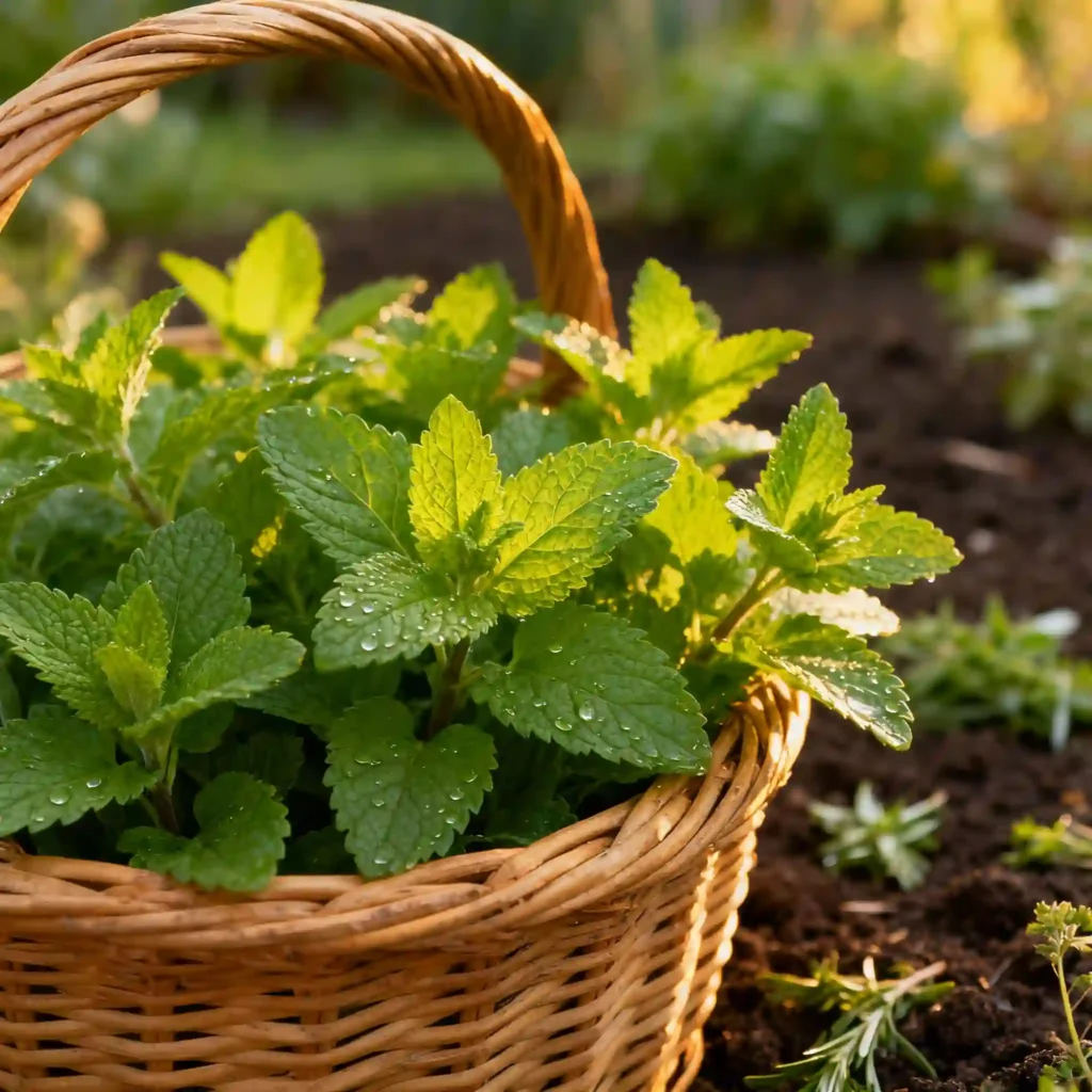  Fresh lemon balm herb leaves in a basket