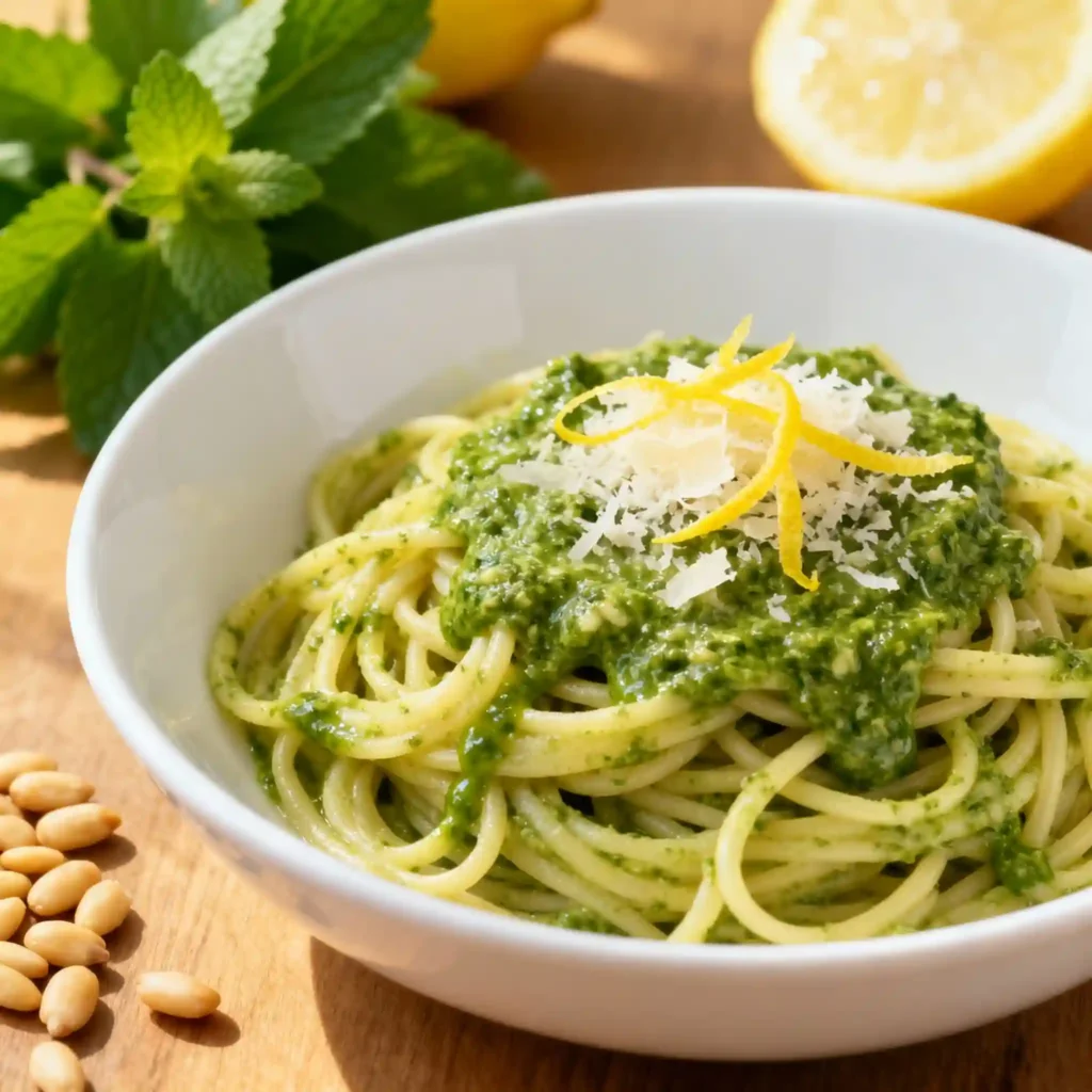  Lemon balm pesto pasta with parmesan and lemon zest