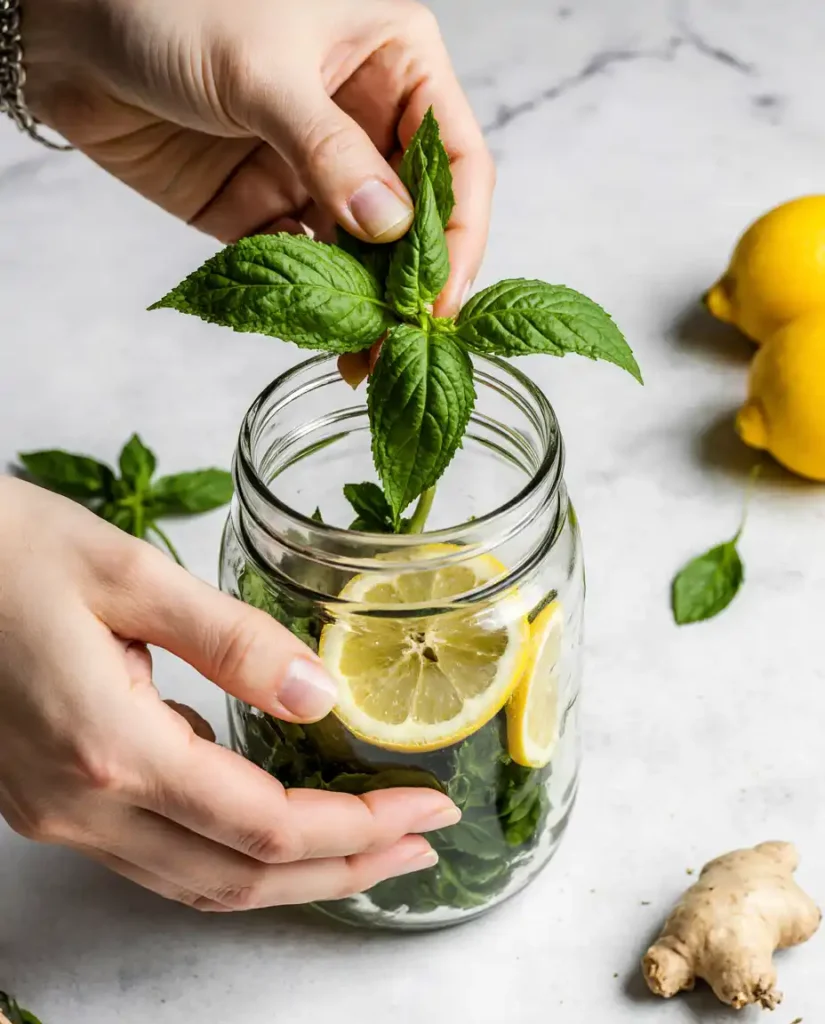 preparing lemon balm detox drink with fresh herbs