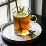 Fresh cup of lemon balm tea with lemon and honey garnish