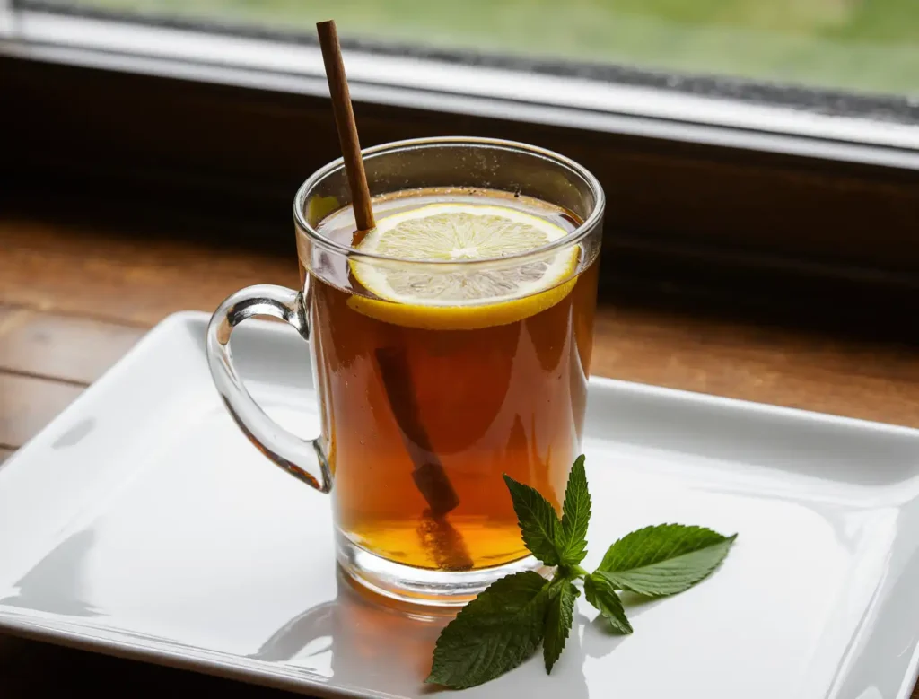 Cup of lemon balm tea with lemon and honey