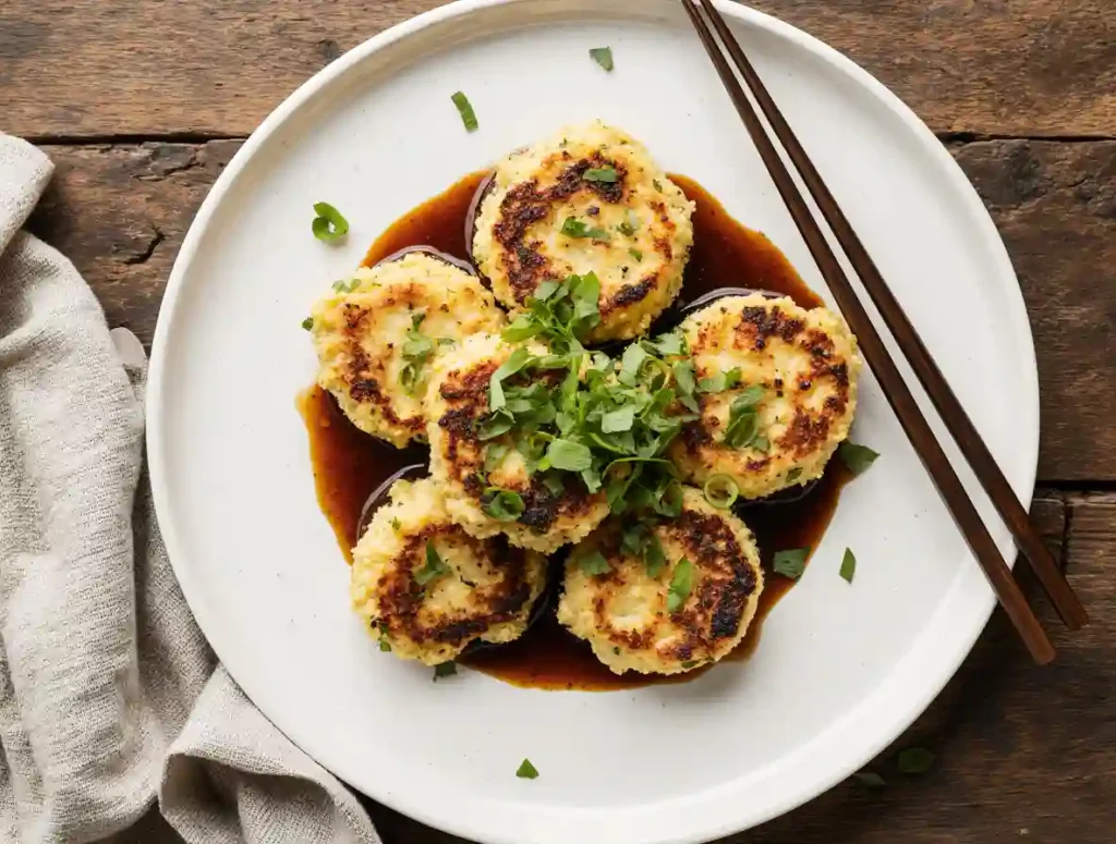 Crispy vegetable egg foo young with brown sauce