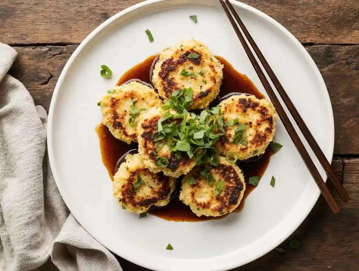 Crispy vegetable egg foo young with brown sauce