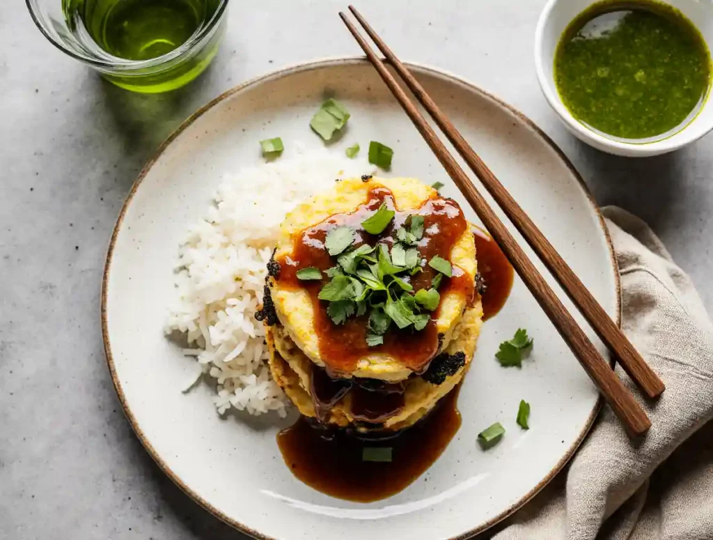 Vegetable egg foo young with rice and sauce