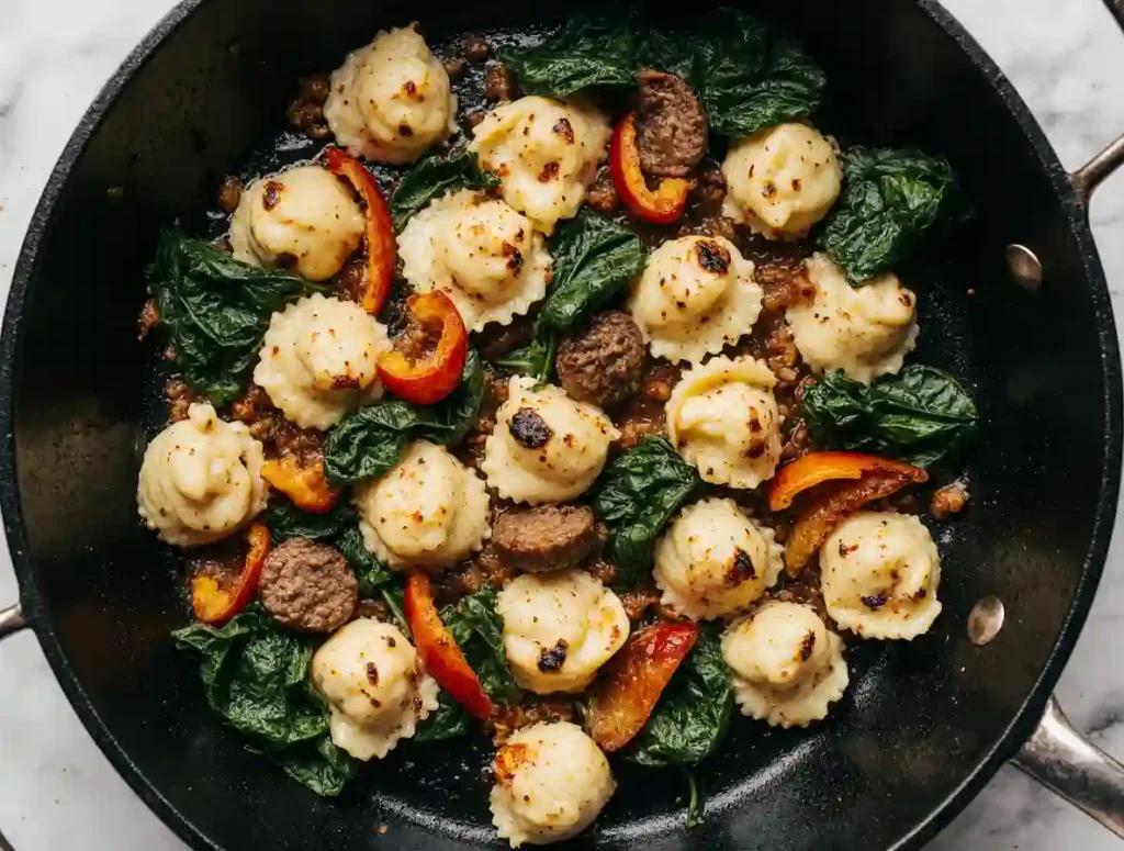Blackstone tortellini cooked with sausage and vegetables