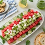 Checkerboard salad with watermelon cucumber feta served with mint