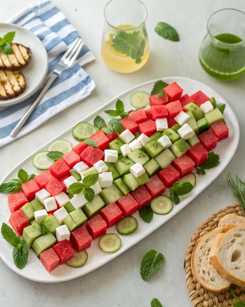Checkerboard salad with watermelon cucumber feta served with mint