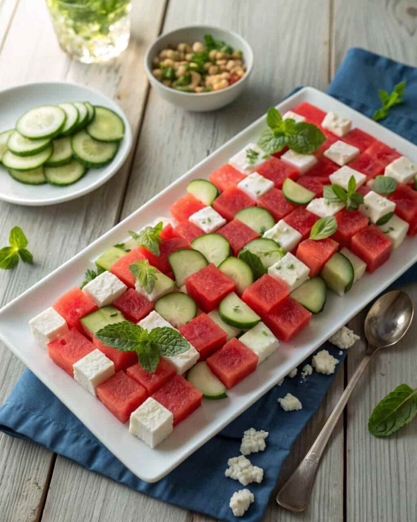 Checkerboard salad with watermelon, cucumber, and feta on platter