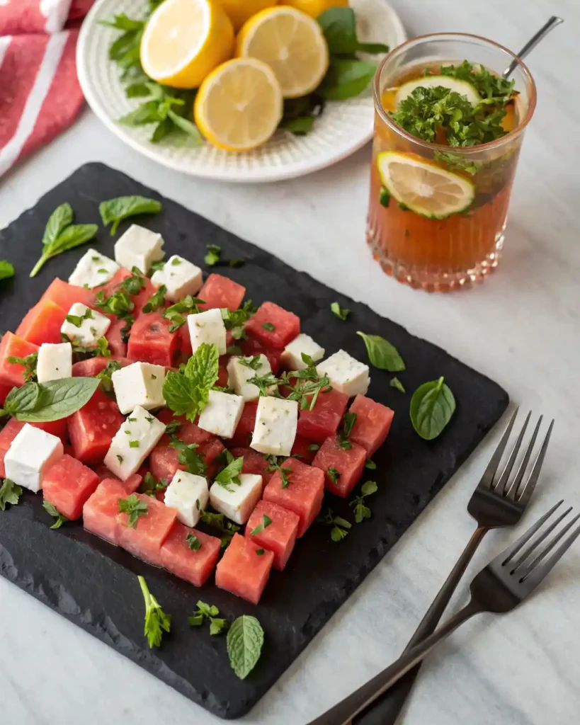 Served watermelon feta checkerboard salad on slate