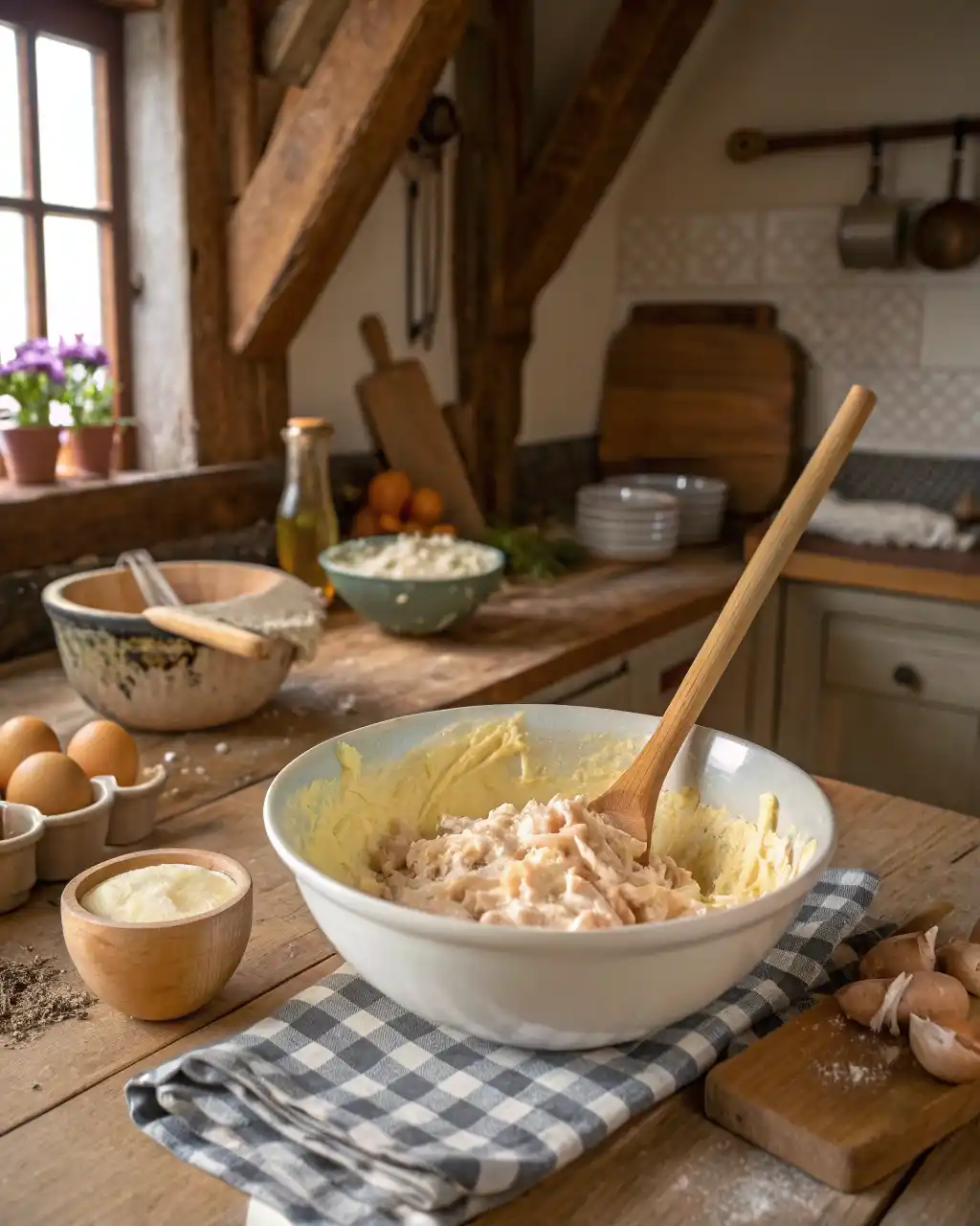 Mixing chicken and mayo for Chicken Salad Chick Fancy Nancy