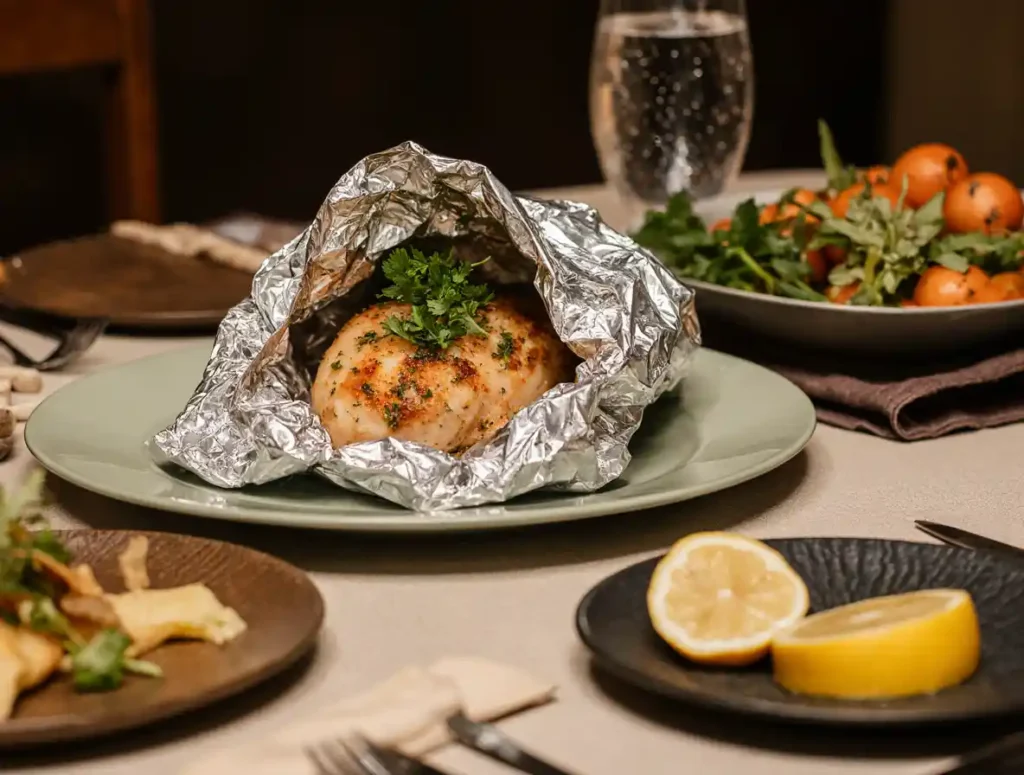 Served chicken foil packets with lemon and herbs