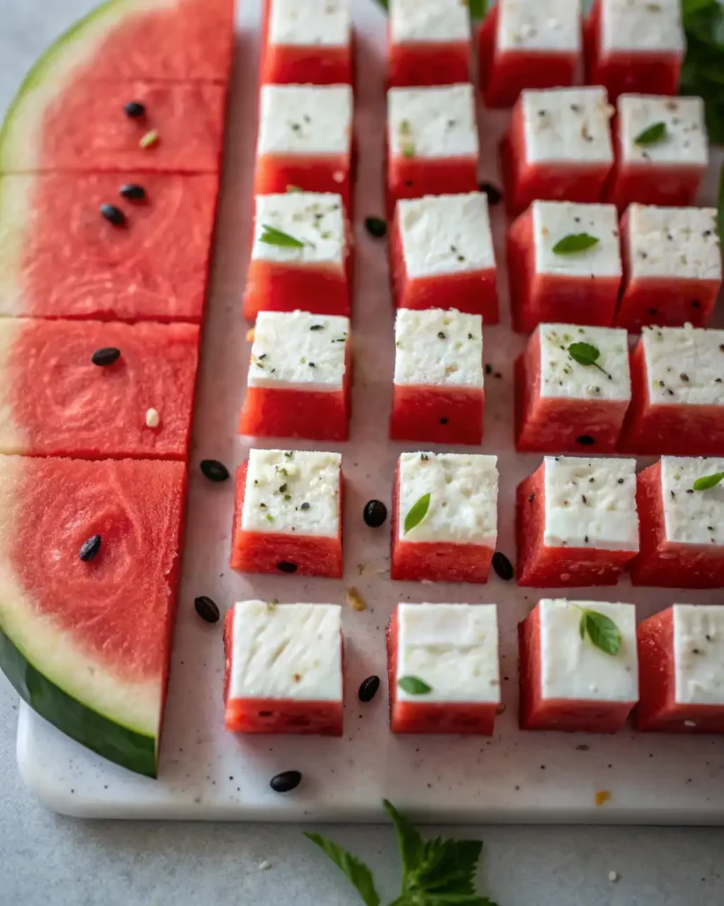 Cubed watermelon and feta for checkerboard salad