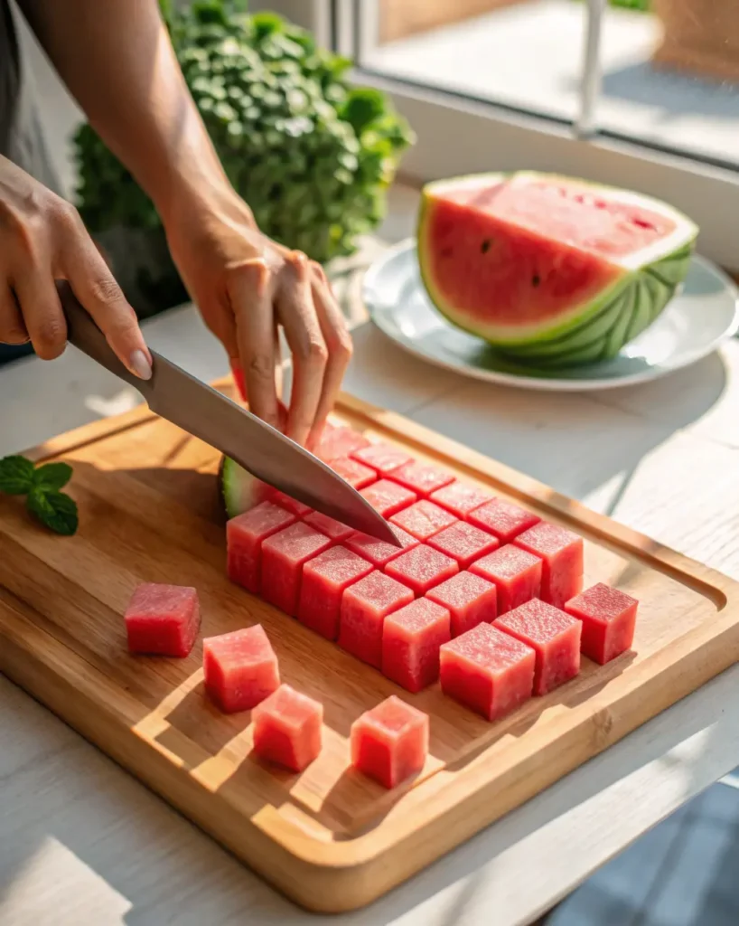 Cutting watermelon into cubes for checkerboard salad