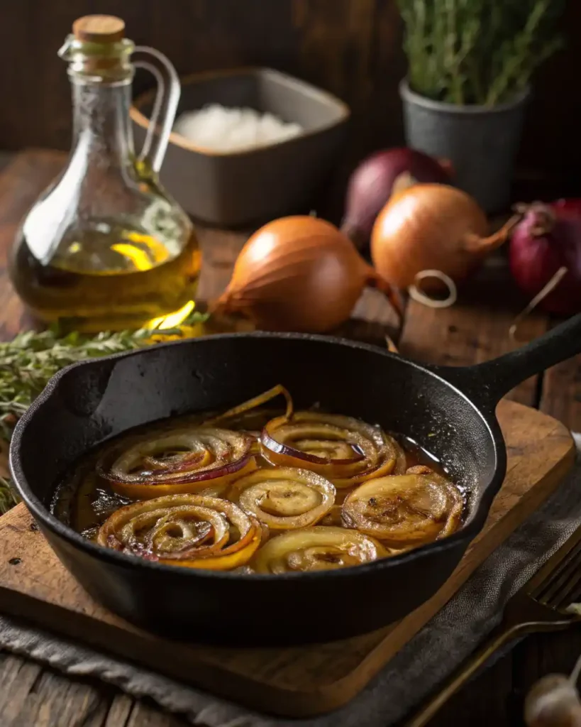 Close-up of golden brown onions caramelizing in olive oil for Buona Beef Tuna Genovese copycat