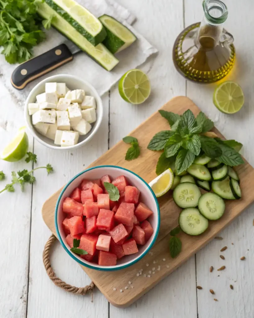 Ingredients for checkerboard salad watermelon cucumber feta
