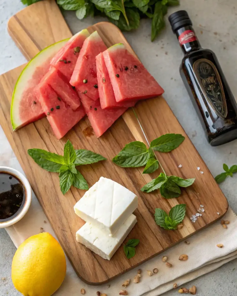 Ingredients for watermelon feta checkerboard salad