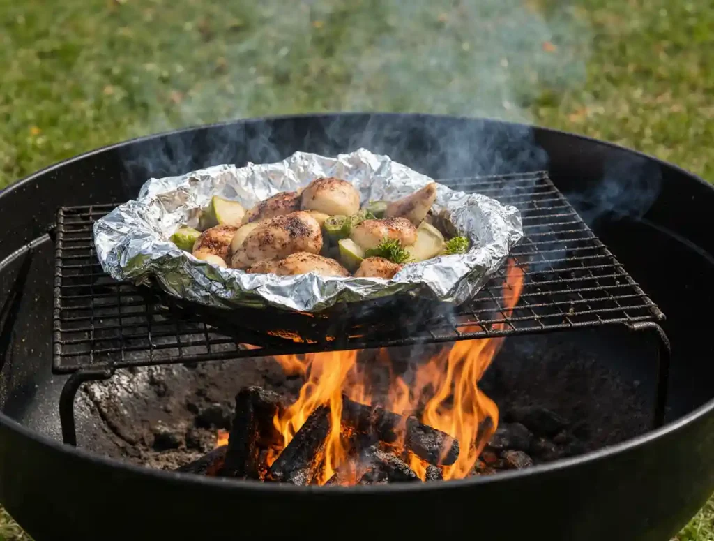 Chicken foil packets grilling over open flames